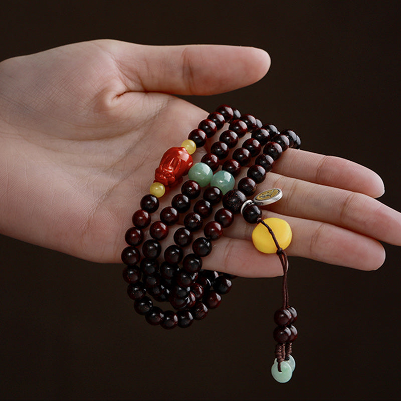 Buddha Stones Chinese Zodiac Natal Buddha 108 Mala Beads Small Leaf Red Sandalwood Red Agate PiXiu Protection Bracelet