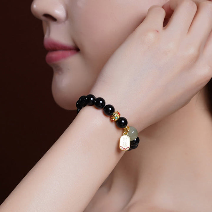 Buddha Stones Black Onyx Hetian Jade Bead Lucky Fortune Charm Bracelet