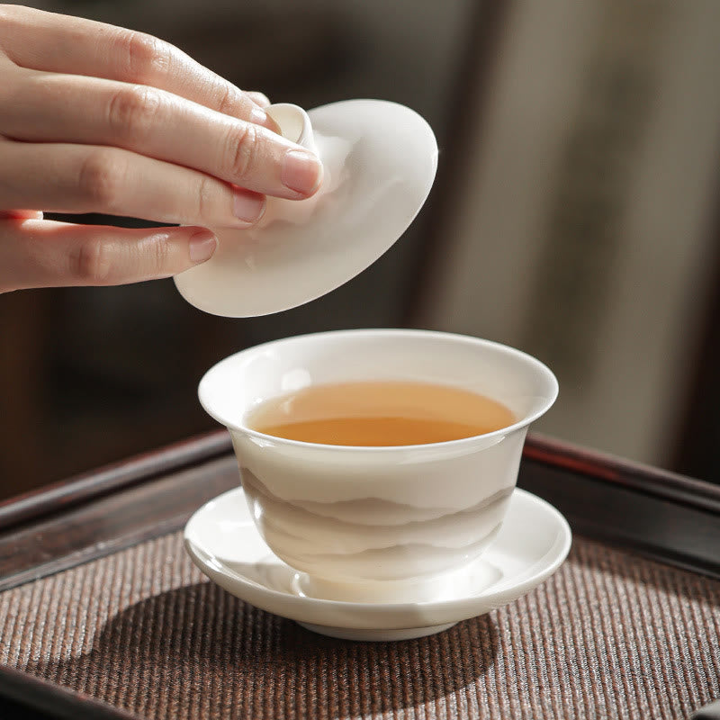 Buddha Stones Vintage Ink Painting Mountain White Porcelain Ceramic Gaiwan Sancai Teacup Kung Fu Tea Cup And Saucer With Lid Tea Utensil Teapot