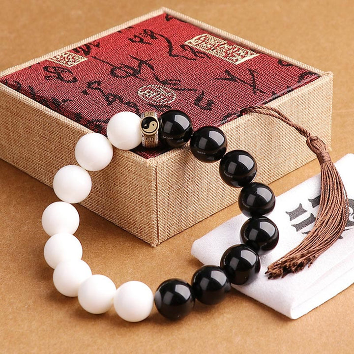 Buddha Stones 925 Sterling Silver Black Obsidian White Shell Yin Yang Strength Bracelet