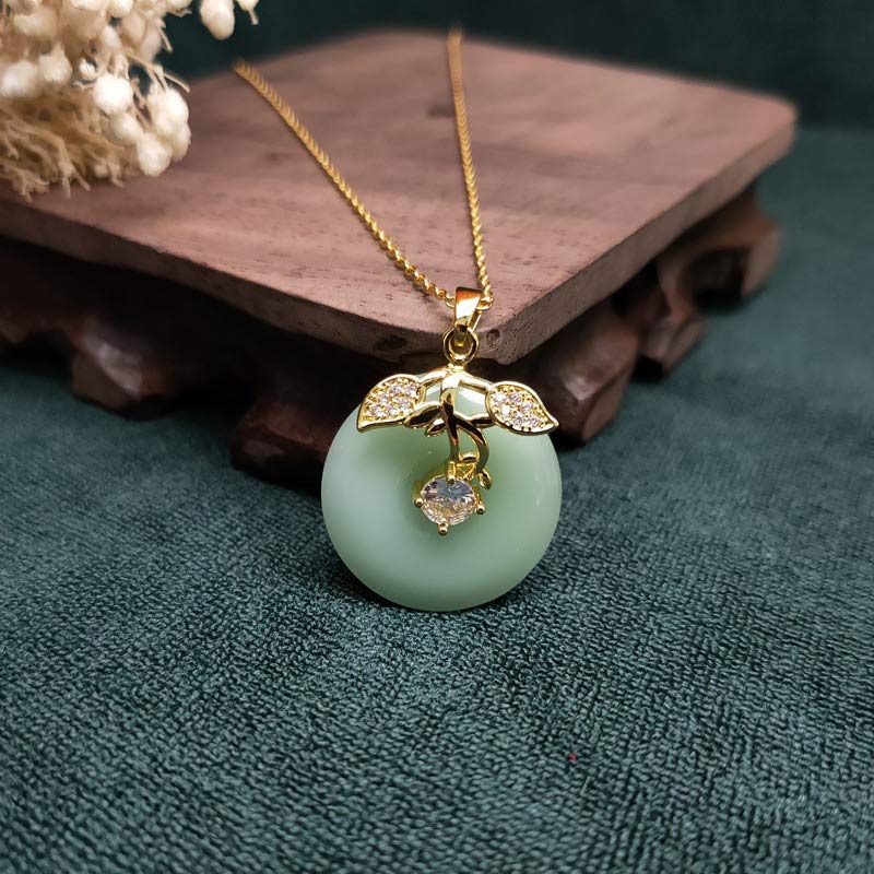 Buddha Stones Round Jade Leaf Blessing Fortune Necklace Chain Pendant