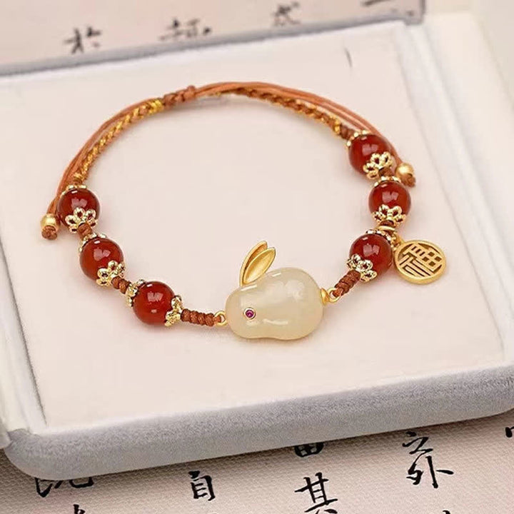 Year of the Rabbit Red Agate Jade Bunny Confidence String Bracelet