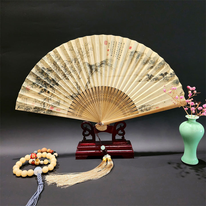 Buddha Stones A Panorama Of Rivers And Mountains Cranes Orchid Flower Paper Bamboo Handheld Silk Bamboo Folding Fan 22cm