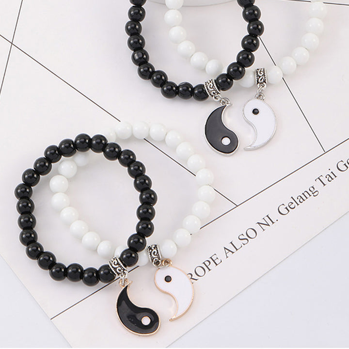 Buddha Stones 2Pcs Black Onyx White Turquoise Bead Yin Yang Protection Couple Bracelet