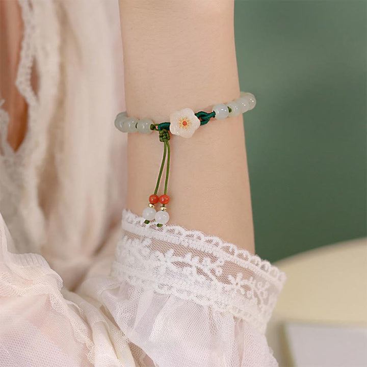 Buddha Stones Jade Peach Blossom Flower Luck Bracelet