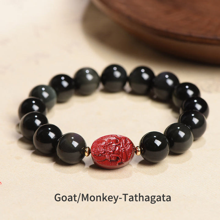 Buddha Stones Chinese Zodiac Natal Buddha Natural Black Obsidian Cinnabar Purification Bracelet