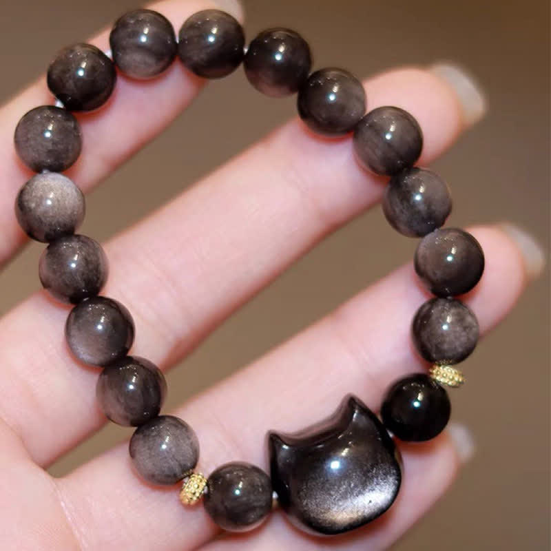 Buddha Stones Gold Sheen Obsidian Silver Sheen Obsidian Lovely Paw Lucky Cat Protection Bracelet