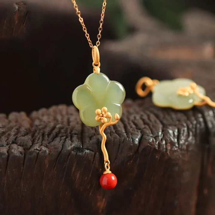 Vintage Plum Blossom Flower Jade Red Agate Prosperity Necklace Pendant