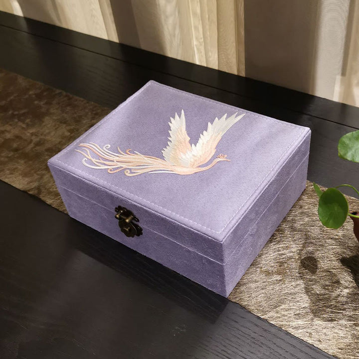 Buddha Stones Purple Phoenix Jewelry Box Organizer Two-Layer Jewelry Storage Box Flannel Box