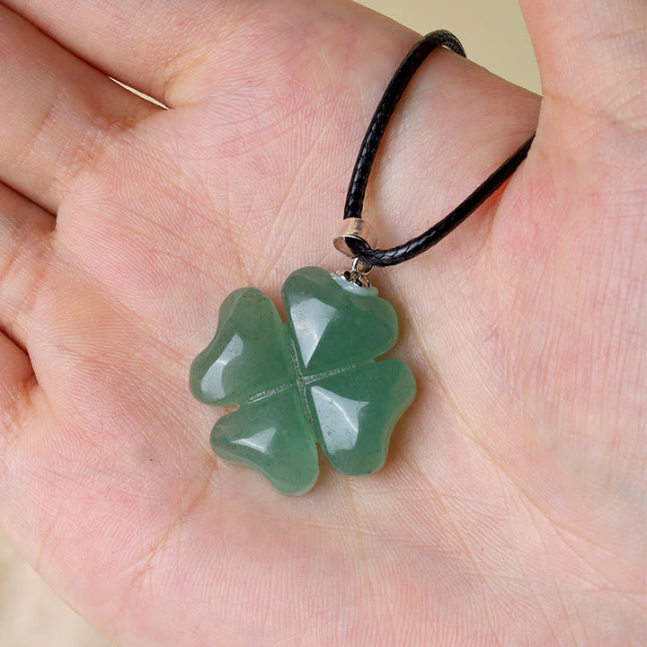 Buddha Stones 925 Sterling Silver Green Aventurine Four Leaf Clover Luck Leather Rope Necklace Pendant