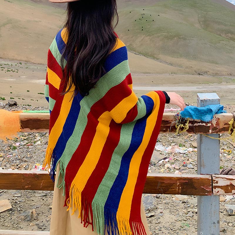 Buddha Stones Tibetan Colorful Striped Design Shawl Tassels Pullover Winter Cozy Travel Scarf Wrap