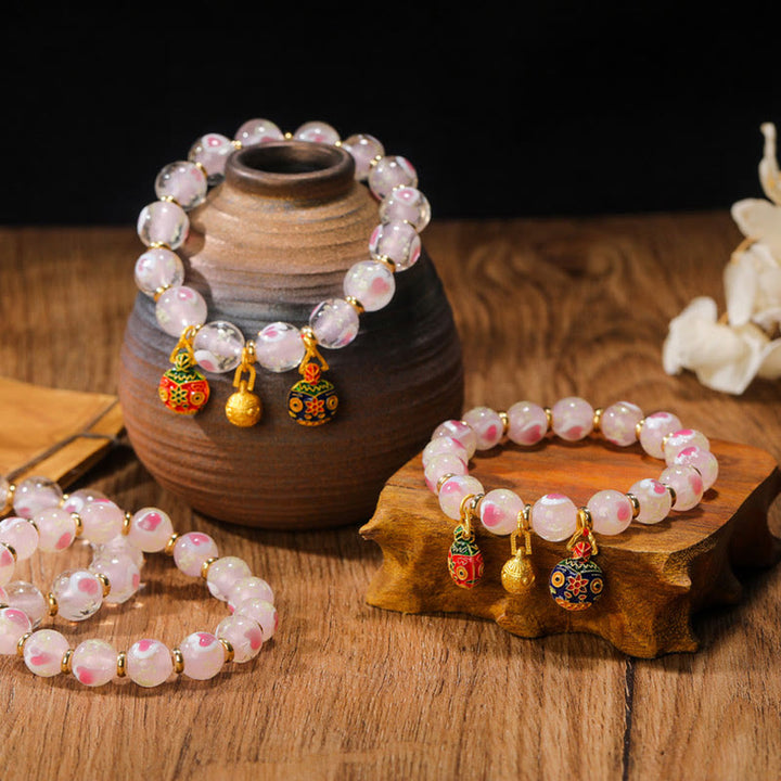 Buddha Stones Gold Swallowing Beast Family Charm Luminous Pink Love Heart Fluorescent Liuli Glass Bead Blessings Bracelet