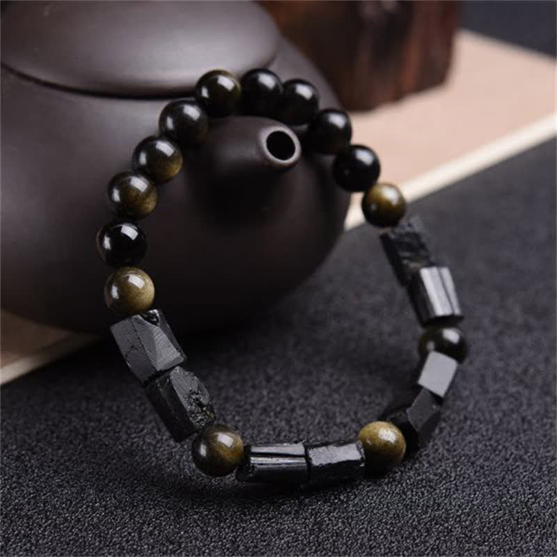 Buddha Stones  Gold Sheen Obsidian Black Tourmaline Wealth Bracelet