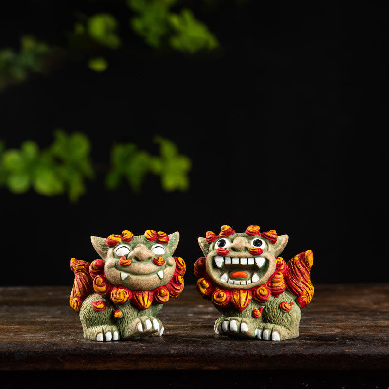 Buddha Stones Small Pair of Lion Fu Foo Dogs Ward Off Evil Protection Home Resin Decoration