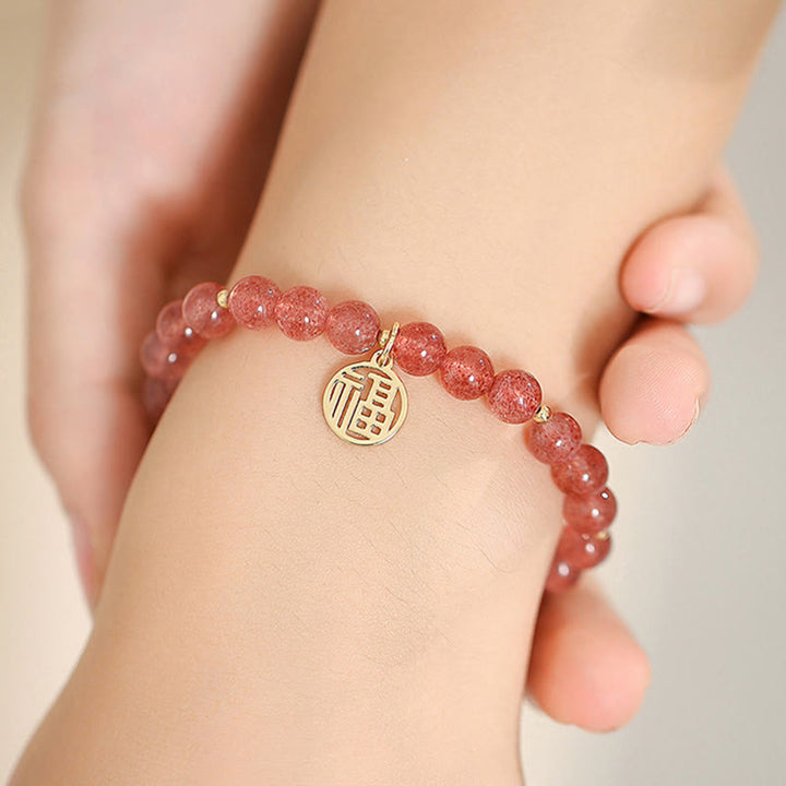 Buddha Stones 14K Gold Plated Strawberry Quartz Fu Character Healing Charm Bracelet