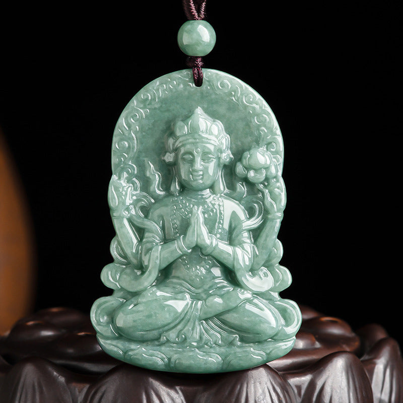 Four-armed Avalokitesvara Natural Jade Amulet Blessing String Necklace