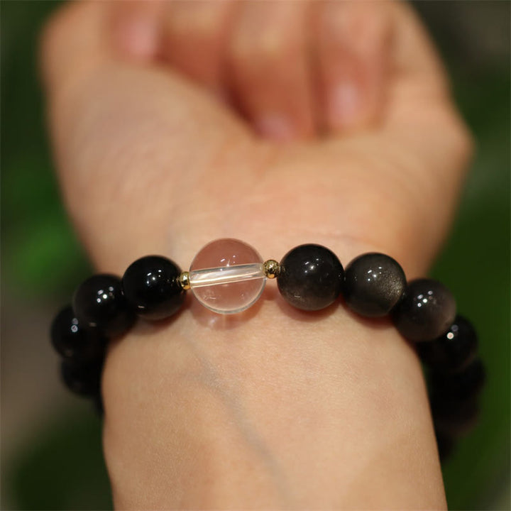 Natural Silver Sheen Obsidian Pink Crystal White Crystal Protection Yin Yang Color Couple Bracelet