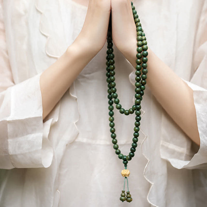 Buddha Stones 108 Mala Beads Green Sandalwood Boxwood Lotus Positive Bracelet