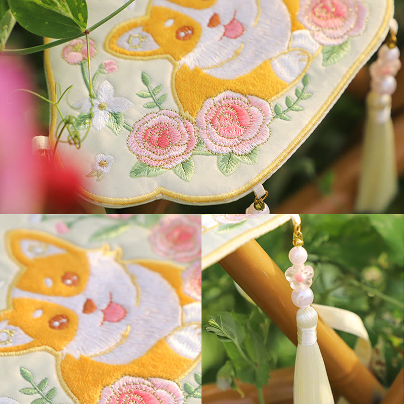 Buddha Stones Embroidery Lucky Panda Cat Shiba Inu Deer Rabbit Fox Flower Cute Animal Hanfu Bag Crossbody Bag Shoulder Bag