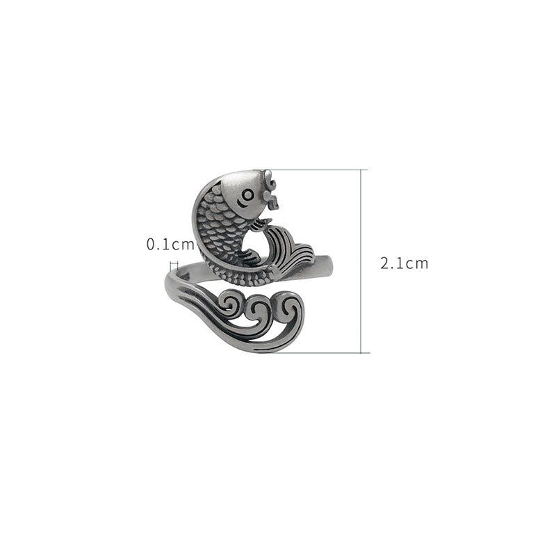 Buddha Stones 925 Sterling Silver Koi Fish Water Ripple Luck Wealth Ring