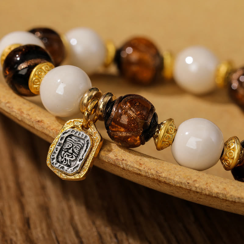 Buddha Stones Tibetan Zakiram Goddess of Wealth Charm Liuli Glass Incense Ash Porcelain Bead Protection Bracelet