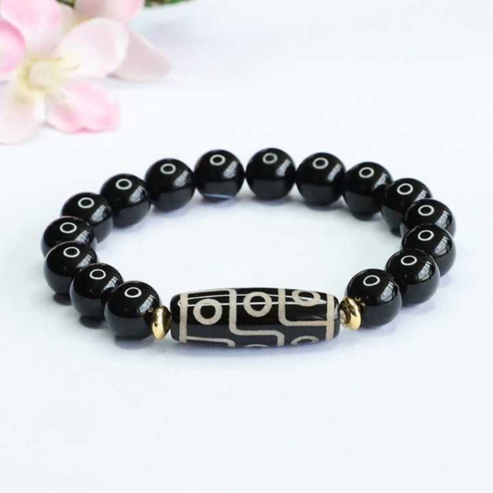 Buddha Stones Tibetan Nine-Eye Dzi Bead Black Onyx Power Bracelet