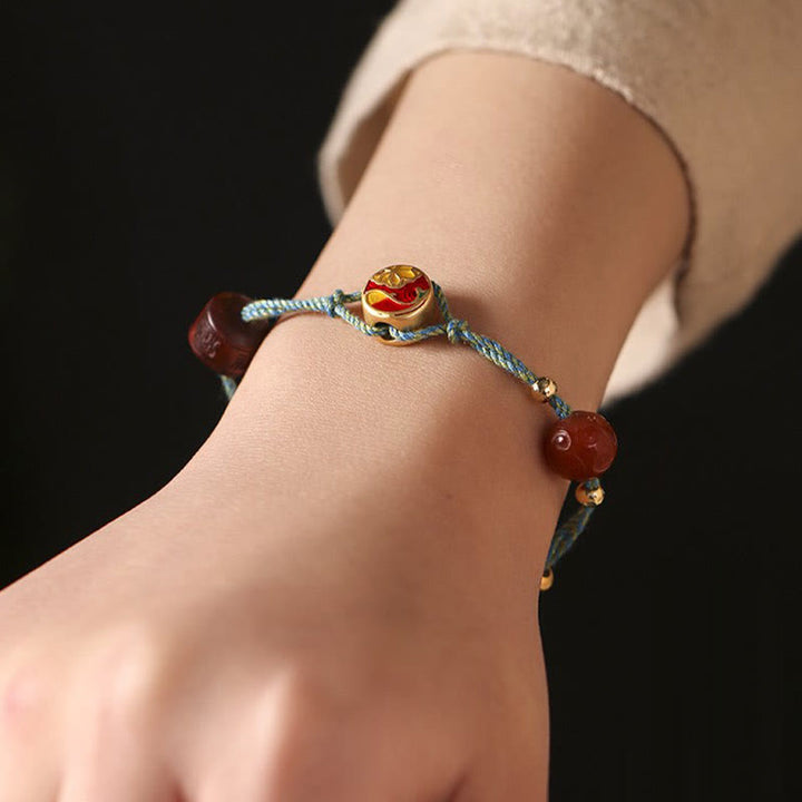 Buddha Stones Handmade Auspicious Clouds Hetian Jade Fu Character Luck Fortune Rope Bracelet