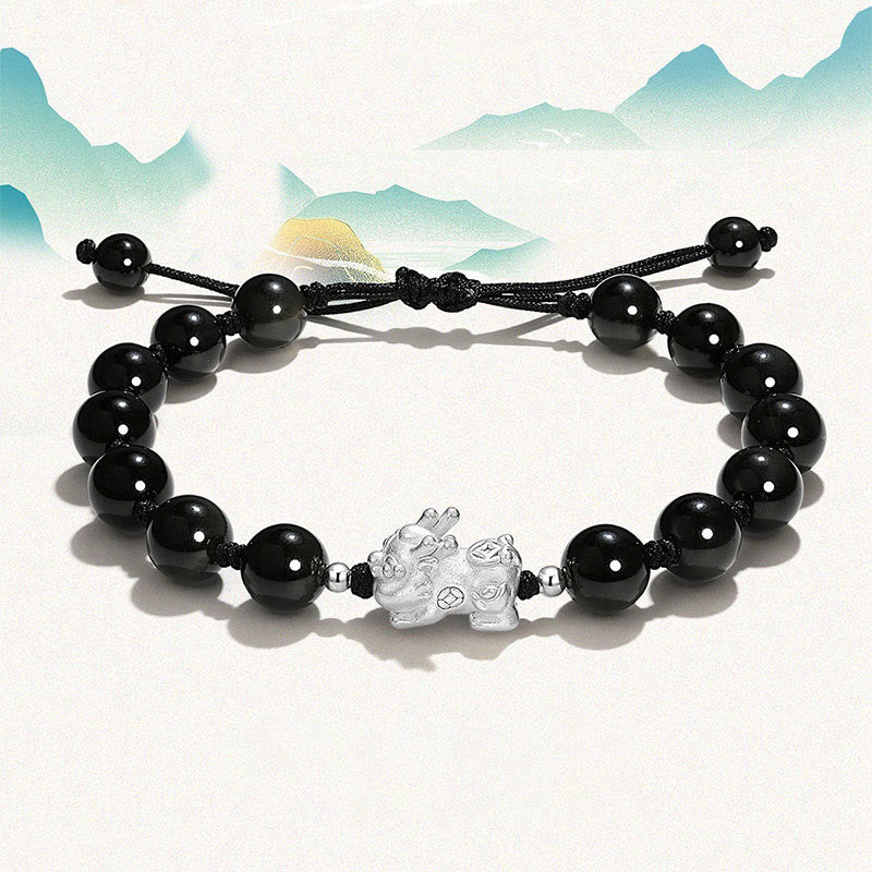 Buddha Stones Natural Black Obsidian Cat's Eye Pink Crystal PiXiu Strength Bracelet