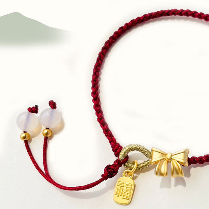 Buddha Stones Handmade Peach Blossom Rosette Bow Knot Fu Character Charm Luck Fortune Red Rope Bracelet