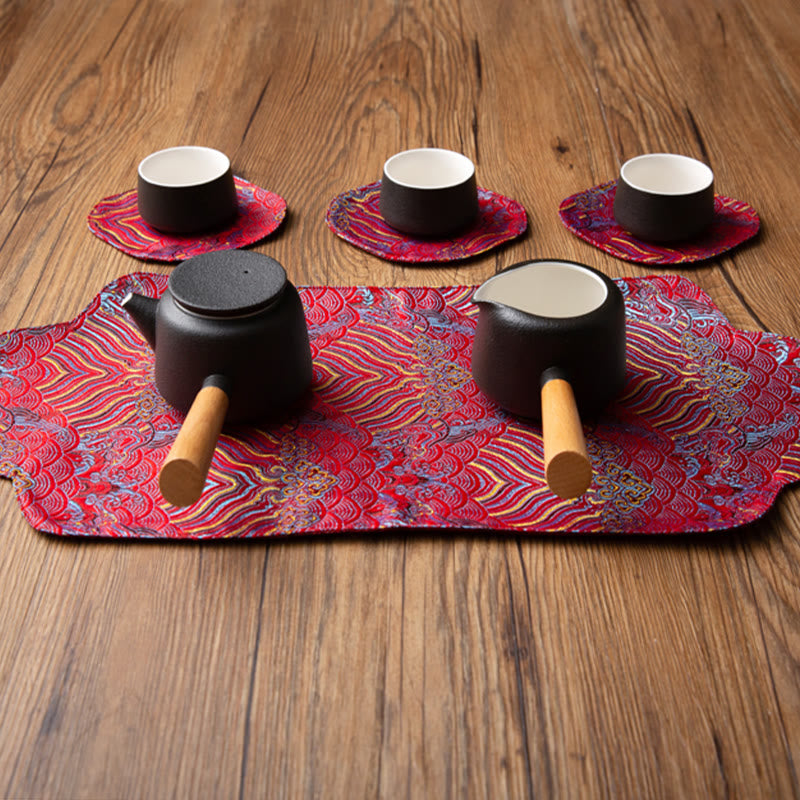 Buddha Stones Sea Wave Bamboo Plum Blossom Brocade Embroidery Cup Mat Pad Tea Cup Coaster Kung Fu Tea Mat