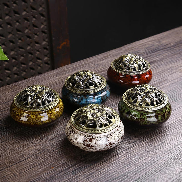 Flower Pattern Ceramic Blessing Meditation Incense Burner Decoration