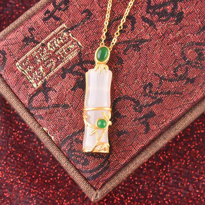 Buddha Stones White Jade Cyan Jade Bamboo Protection Necklace Pendant