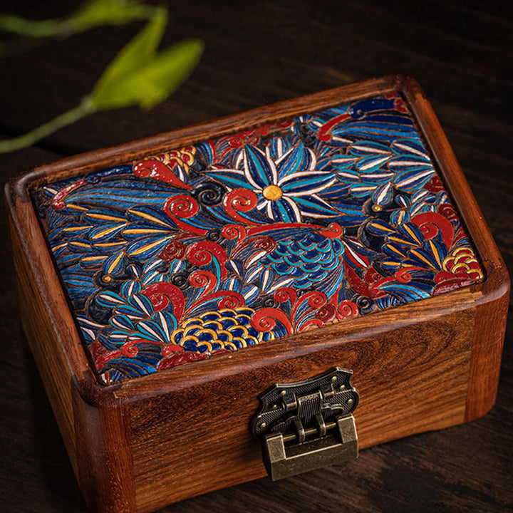 Retro Handmade Floral Pattern Rosewood Jewelry Storage Box Lockable Wooden Gift Organizer Box