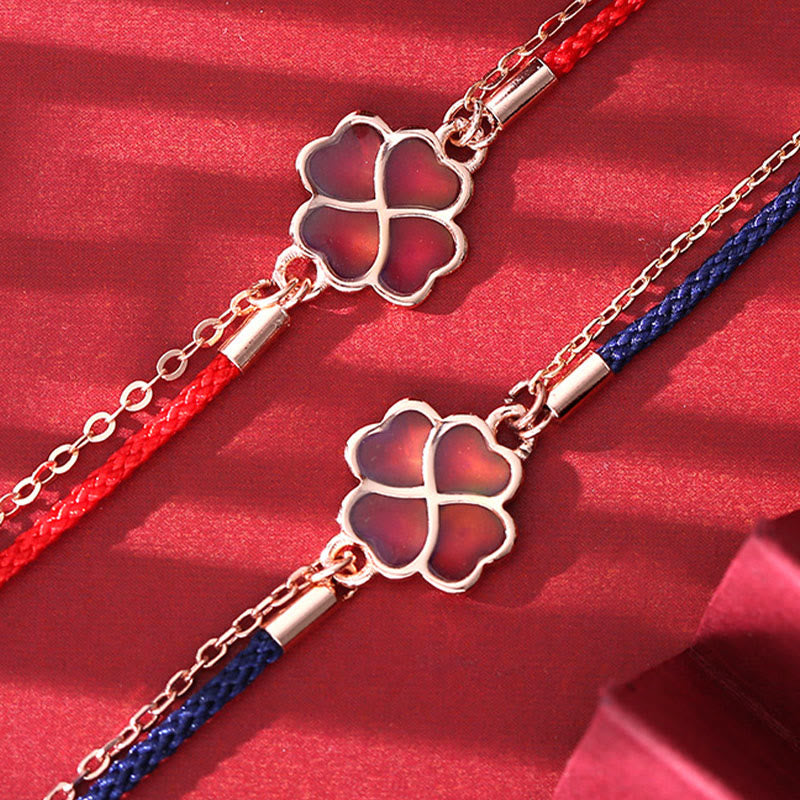 Buddha Stones 925 Sterling Silver Color-changing Four Leaf Clover Luck Protection Red String Bracelet