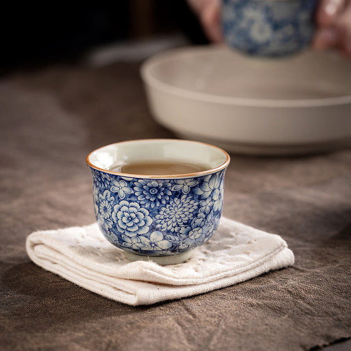 Buddha Stones Vintage Lotus Peony Plum Blossom Chrysanthemum Ceramic Teacup Tea Cups