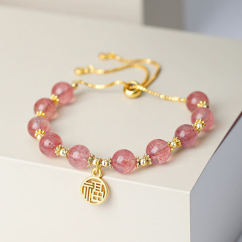 Buddha Stones 14K Gold Plated Natural Strawberry Quartz Fu Character Positive Charm Bracelet