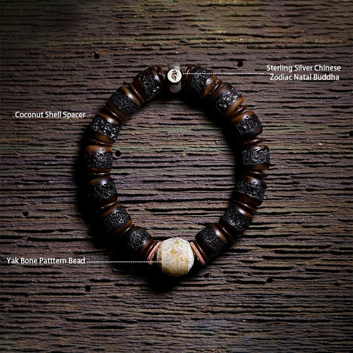 Buddha Stones 925 Sterling Silver Chinese Zodiac Natal Buddha Handmade Tibet Yak Bone Strength Bracelet