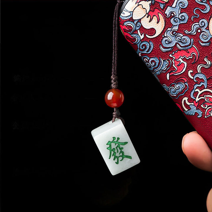 Buddha Stones Natural Jade Mahjong Fa Character Wealth Prosperity Phone Hanging Key Chain Decoration