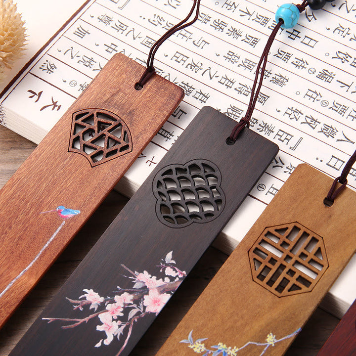 Buddha Stones 4Pcs Four Seasons Plum Orchid Bamboo Chrysanthemum Peking Opera Mask Wood Bookmarks With Gift Box