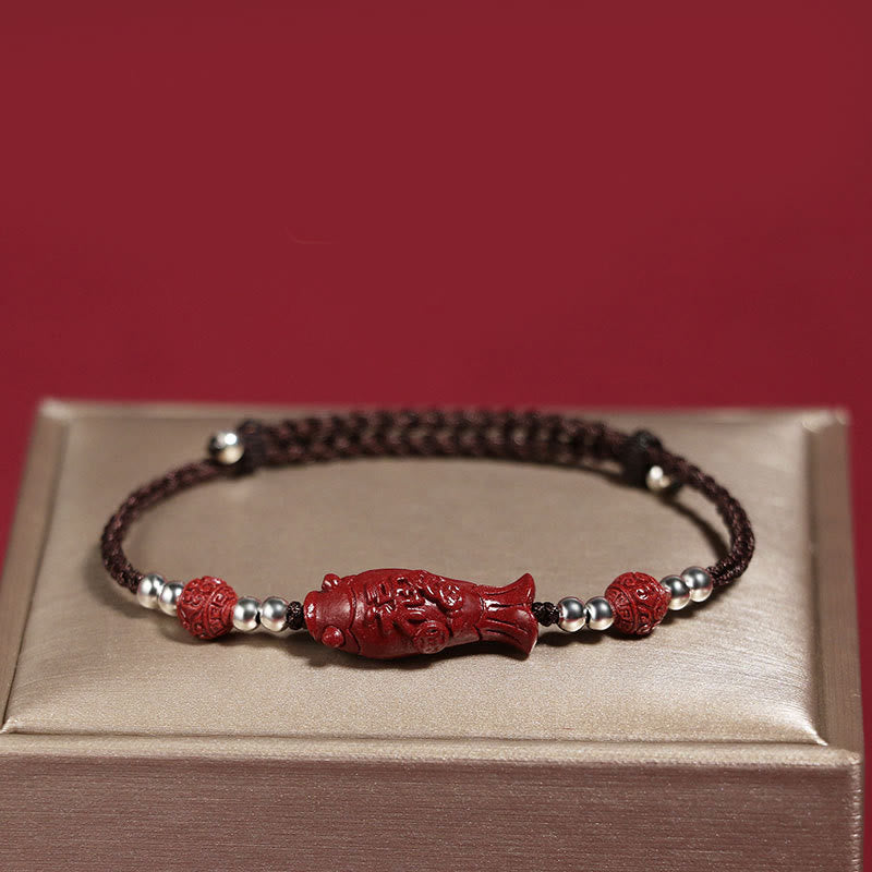 Buddha Stones 925 Sterling Silver Koi Fish Cinnabar Fu Character Copper Coin Wealth Braided Bracelet