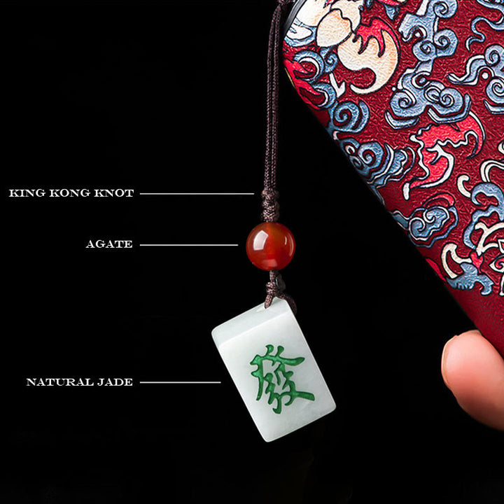 Buddha Stones Natural Jade Mahjong Fa Character Wealth Prosperity Phone Hanging Key Chain Decoration