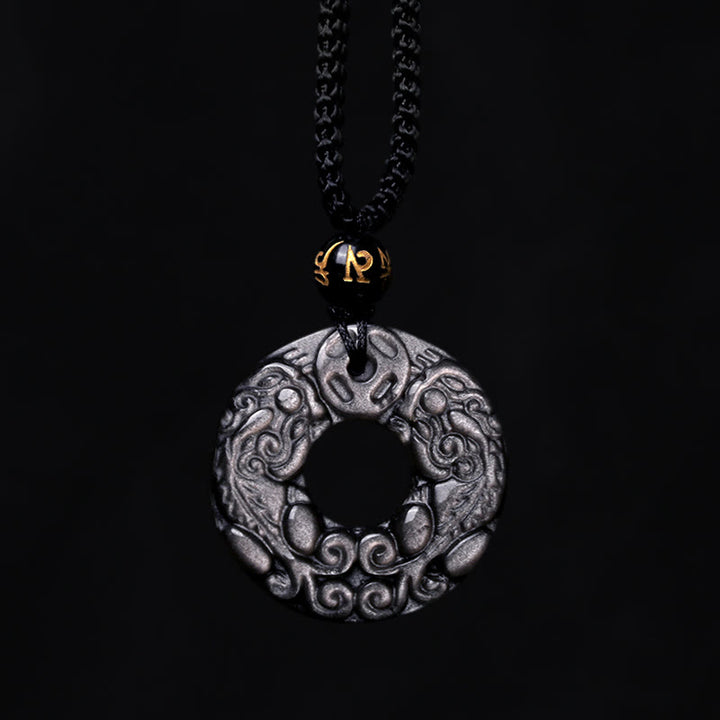 Buddha Stones Natural Silver Sheen Obsidian Double PiXiu Copper Coin Peace Buckle Protection Necklace Pendant