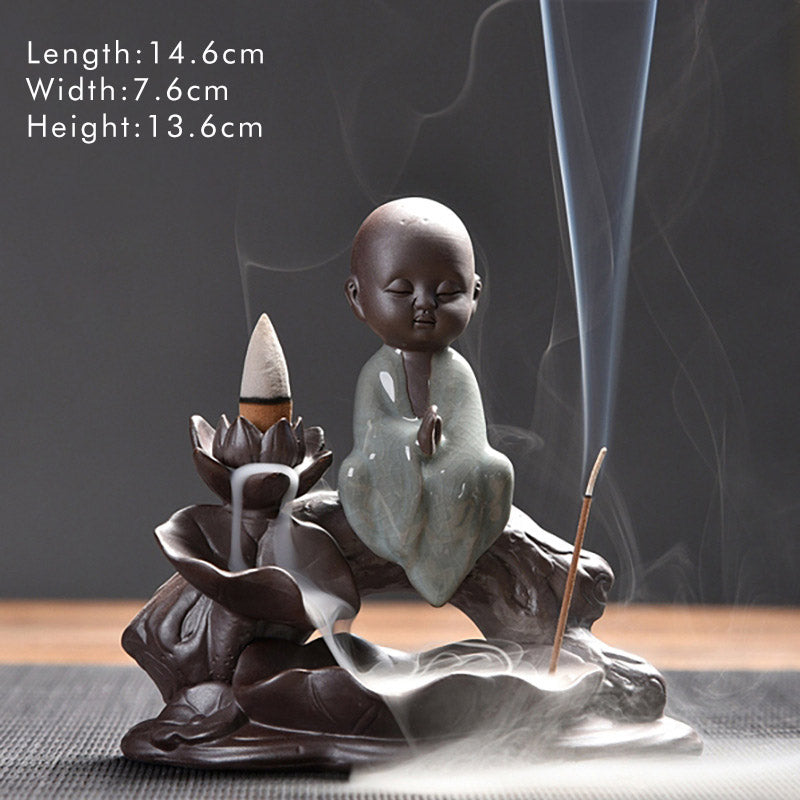 Buddha Stones Little Monk Ceramic Lotus Blessing Incense Burner Decoration