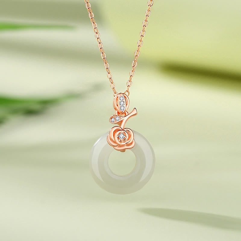 Buddha Stones 925 Sterling Silver Ginkgo Leaf Butterfly Rose Chalcedony Hetian Jade Peace Buckle Fu Character Harmony Necklace Pendant