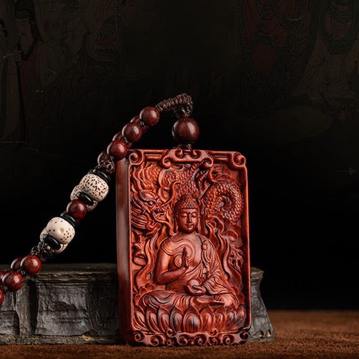 Chinese Zodiac Natal Buddha Small Leaf Red Sandalwood Protection Necklace Pendant