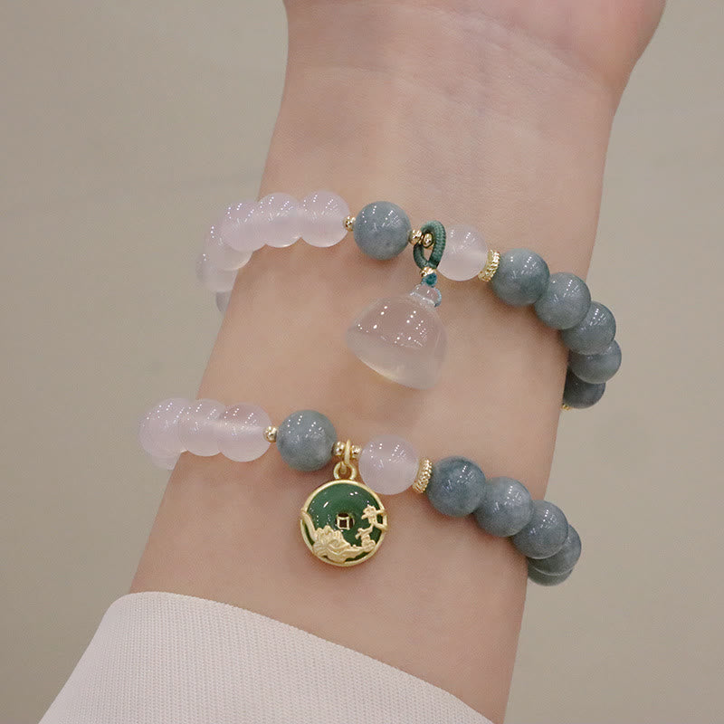 Buddha Stones White Agate Jade Lotus Flower Peace Buckle Protection Bracelet