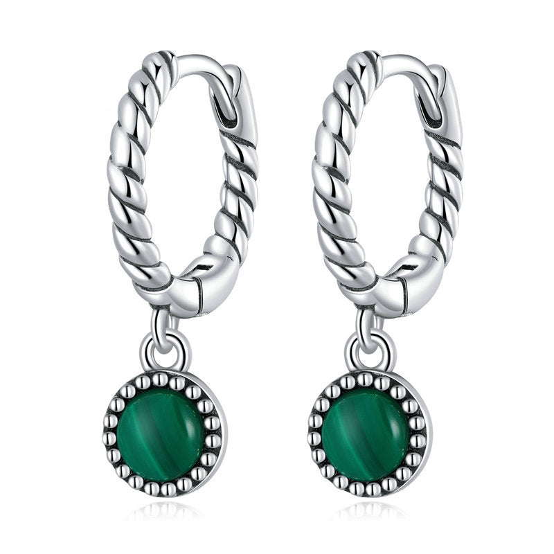 925 Sterling Silver Round Malachite Anti-Anxiety Drop Earrings