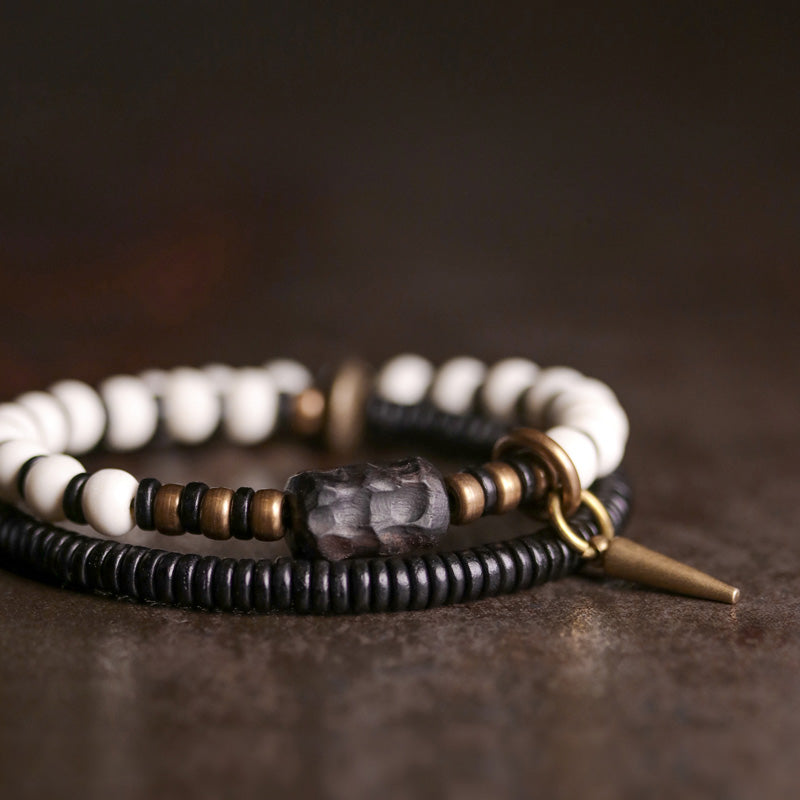 Buddha Stones Yak Bone Ebony Wood Copper Strength Couple Bracelet