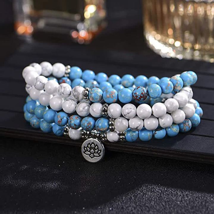 108 Mala Beads White Turquoise Emperor Stone Lotus Blessing Bracelet