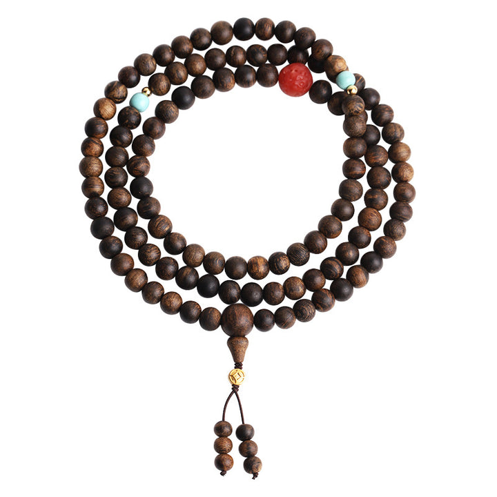 Buddha Stones 108 Mala Beads Agarwood Red Agate Turquoise Peace Meditation Bracelet